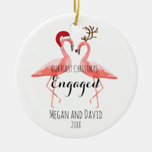 First Christmas Engaged or married funny flamingos Ceramic Tree Decoration