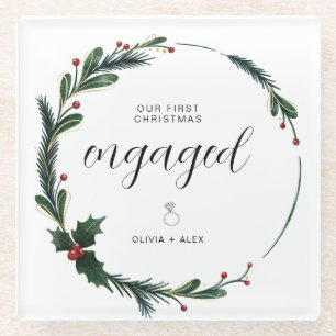First Christmas Engaged Personalised Couple Gift  Glass Coaster