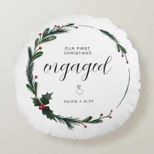 First Christmas Engaged Personalised Couple Gift Round Cushion
