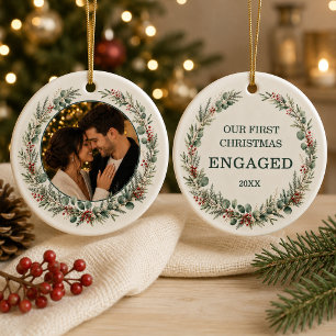 First Christmas Engaged Personalised Photo Ceramic Tree Decoration