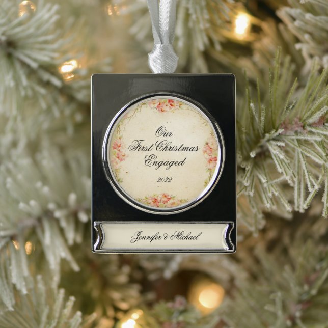 First Christmas Engaged Personalised Silver Plated Banner Ornament (Tree)