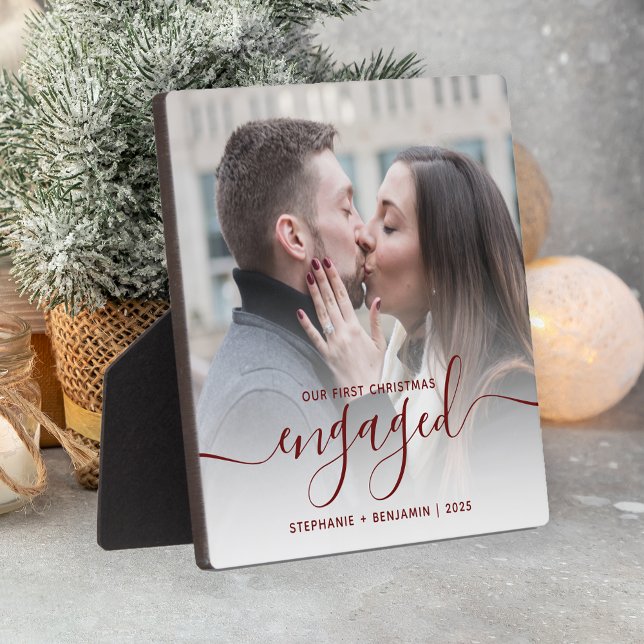 First Christmas Engaged Photo Burgundy Red Script Plaque (Creator Uploaded)