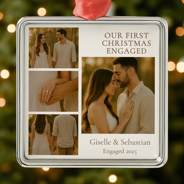 First Christmas Engaged Photo Engagement Collage  Metal Tree Decoration (Creator Uploaded)