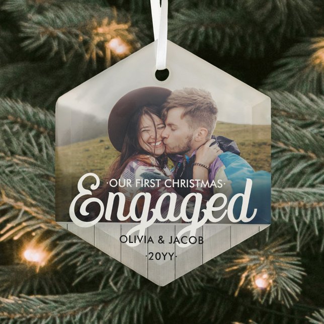 First Christmas Engaged Photo Faux Wood Hexagon Glass Tree Decoration (Creator Uploaded)