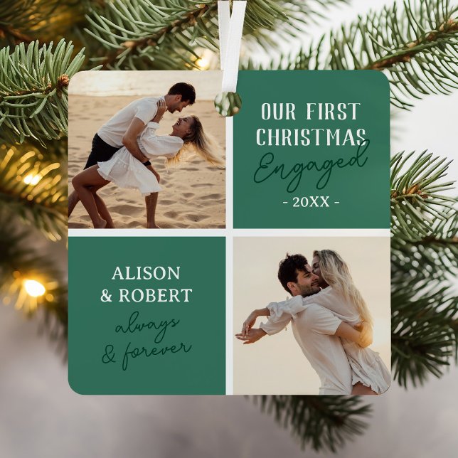 First Christmas Engaged Photo Green Holiday Metal Tree Decoration (Creator Uploaded)