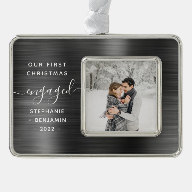 First Christmas Engaged Photo Grey Brushed Metal Silver Plated Framed Ornament (Front)