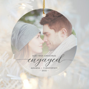 First Christmas Engaged Photo Grey Modern Script Ceramic Tree Decoration