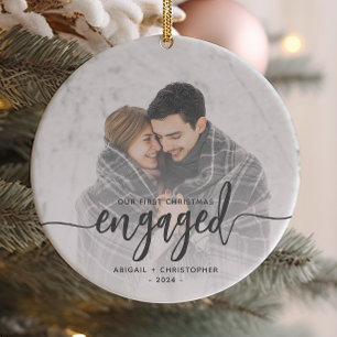First Christmas Engaged Photo Grey Script Ceramic Tree Decoration