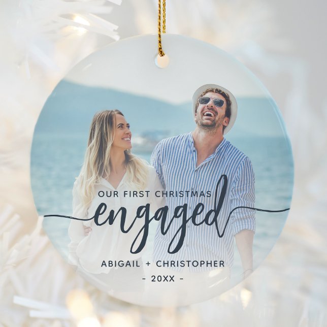 First Christmas Engaged Photo Navy Blue Script Ceramic Tree Decoration (Creator Uploaded)