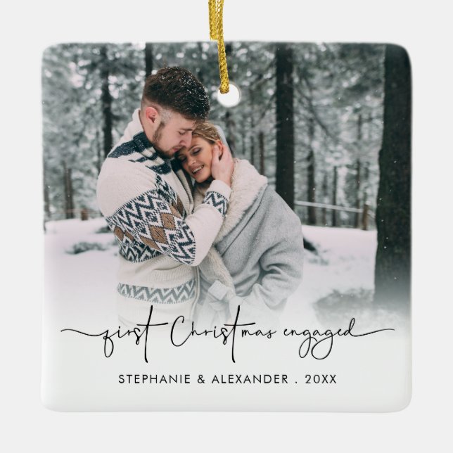First Christmas Engaged Photo Overlay Names Year Ceramic Ornament (Front)