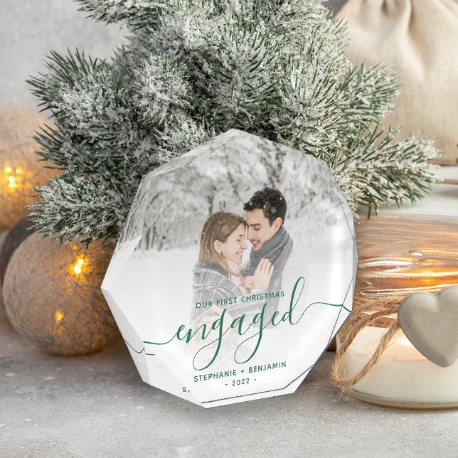 First Christmas Engaged Photo Pine Green Script Block (Creator Uploaded)