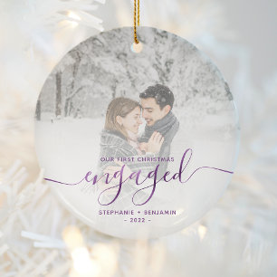 First Christmas Engaged Photo Purple Foil Script Ceramic Tree Decoration