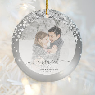 First Christmas Engaged Photo Silver Faux Glitter Ceramic Tree Decoration