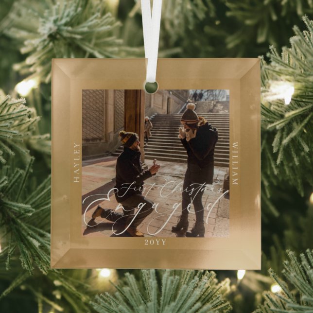 First Christmas Engaged Photo Tan Glass Tree Decoration (Insitu)