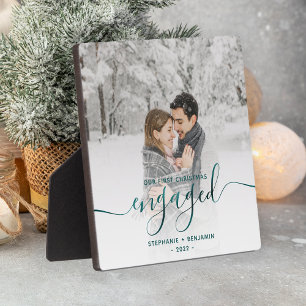 First Christmas Engaged Photo Teal Blue Script Plaque