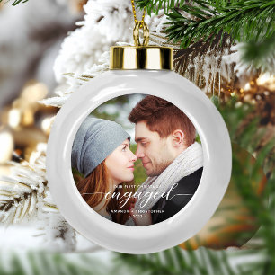 First Christmas Engaged Photo White Modern Ceramic Ball Christmas Ornament