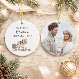 First Christmas Engaged Photo Winter Horse  Ceramic Tree Decoration