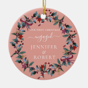 First Christmas Engaged Photo Wreath Ceramic Tree Decoration