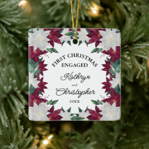 First Christmas Engaged Poinsettias Ceramic Ornament