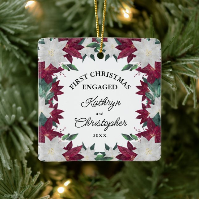 First Christmas Engaged Poinsettias Ceramic Ornament (Tree)