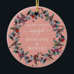 First Christmas Engaged Rose Wreath Ceramic Tree Decoration<br><div class="desc">Romantic ornament for engaged or married couple features beautiful Christmas wreath. You can change the background color if you like.</div>