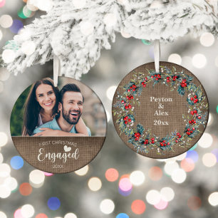 First Christmas Engaged Rustic Burlap Photo Ceramic Tree Decoration