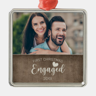 First Christmas Engaged Rustic Burlap Photo Metal Tree Decoration