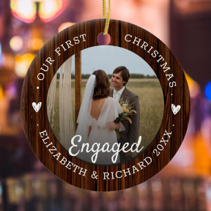 First Christmas Engaged Rustic Faux Wood 2 Photo Ceramic Tree Decoration