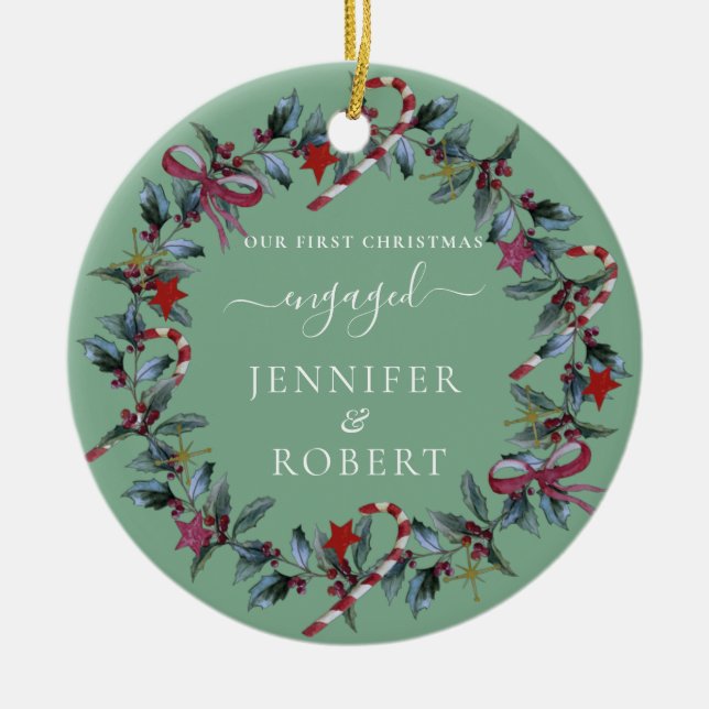 First Christmas Engaged Sage Green Wreath Ceramic Tree Decoration (Front)