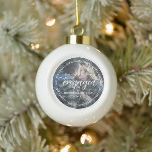 First Christmas Engaged Script Overlay Photo Ceramic Ball Christmas Ornament