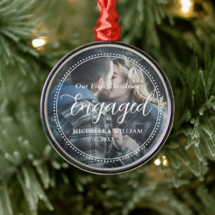 First Christmas Engaged Script Overlay Photo Metal Tree Decoration