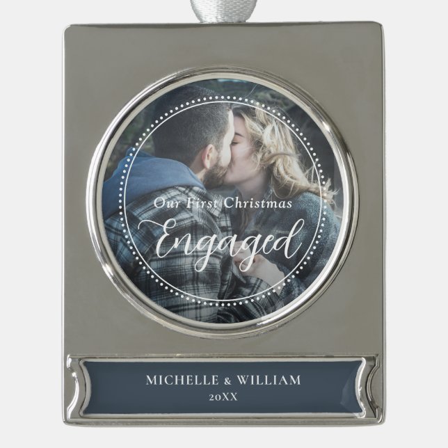 First Christmas Engaged Script Overlay Photo Silver Plated Banner Ornament (Front)