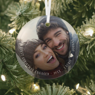 First Christmas Engaged Script Photo Ceramic Glass Tree Decoration