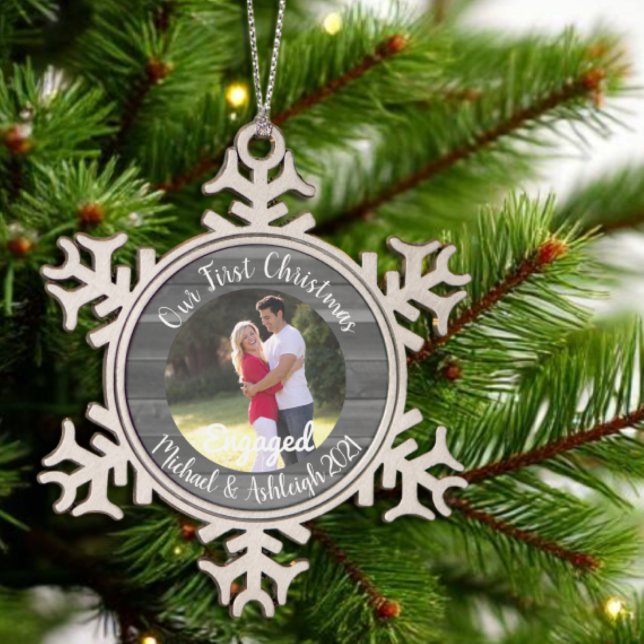 First Christmas Engaged Snowflake Pewter Christmas Ornament (Creator Uploaded)