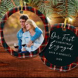 First Christmas Engaged Tartan Plaid Photo Ceramic Tree Decoration<br><div class="desc">First Christmas engaged photo ornament, personalised with a photo, names and the year. The design is double sided and features tartain plaid frames with hand lettering. The photo template displays your picture as a round shape and the other side is lettered with "our first christmas engaged ... [last name and...</div>