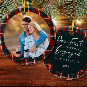  First Christmas Engaged Tartan Plaid Photo Ceramic Tree Decoration