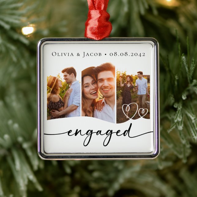 First Christmas Engaged Three Photo Metal Tree Decoration (Tree)
