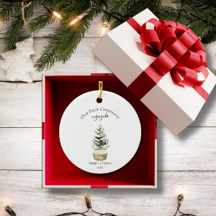 First Christmas Engaged Tree Gold Bow Photo Custom Ceramic Tree Decoration
