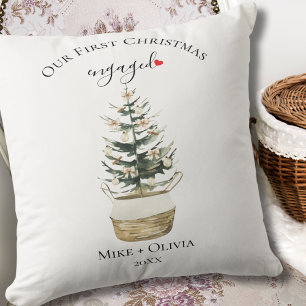 First Christmas Engaged Tree Gold Bow Photo Custom Cushion
