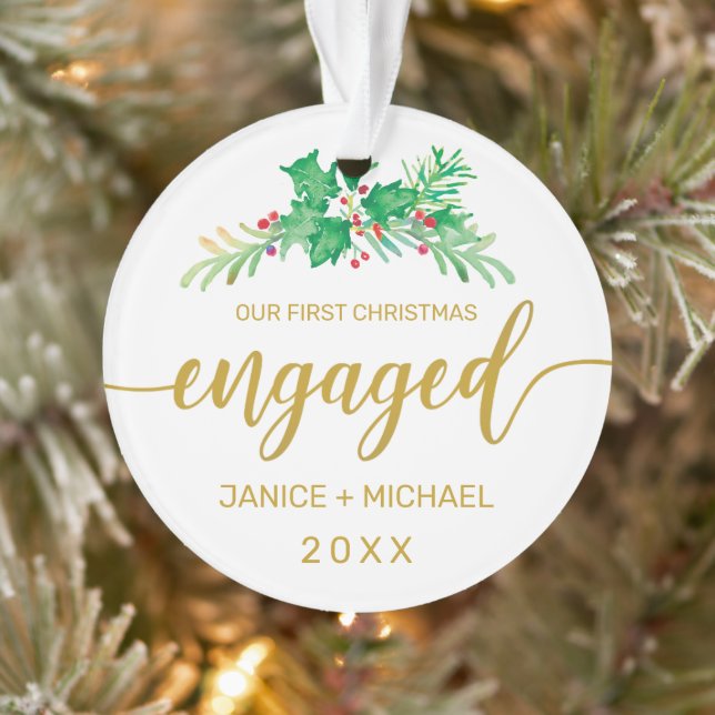 First Christmas Engaged Watercolor Holly Photo Ornament (Tree)