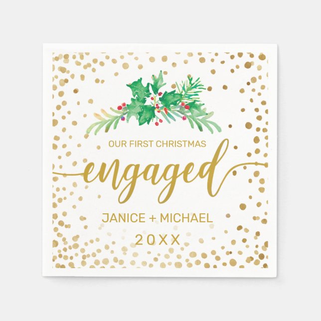 First Christmas Engaged Watercolor Holly Script Napkin (Front)