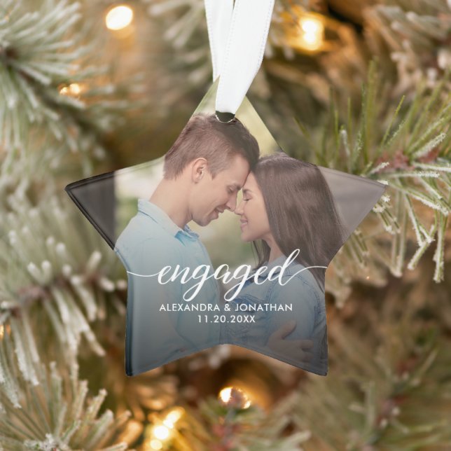 First Christmas Engaged White overlay Custom Photo Ornament (Tree)