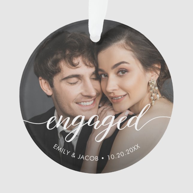 First Christmas Engaged White overlay Custom Photo Ornament (Front)