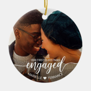 First Christmas Engaged White Script 2 Photo Ceramic Tree Decoration