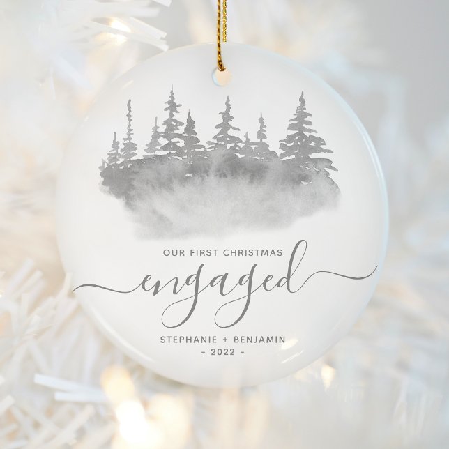 First Christmas Engaged Woodland Trees Grey Script Ceramic Tree Decoration (Creator Uploaded)