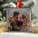 First Christmas Engaged Wreath Gilded Engagement  Metal Tree Decoration<br><div class="desc">Capture your Christmas-engaged ornaments with personalized photos. Add your favorite pictures,  their name,  and the year for a unique keepsake that celebrates your new arrival! Designed by CaMiDesigns.</div>
