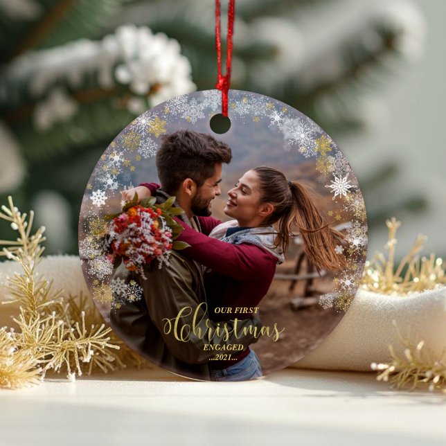 First Christmas Engaged Wreath Gilded Engagement Ornament (Creator Uploaded)
