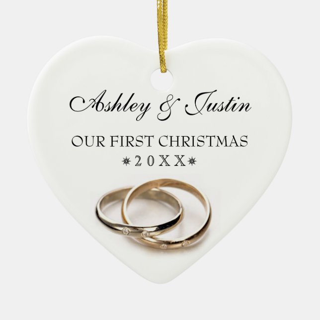 First Christmas Entwined Wedding Rings Ceramic Tree Decoration (Front)