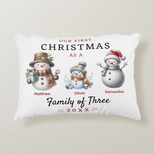 First Christmas Family of 3 Snowman Decorative Cushion (Front)