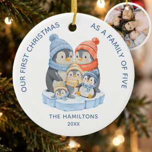 First Christmas Family of Five Cute Penguins Photo Ceramic Tree Decoration
